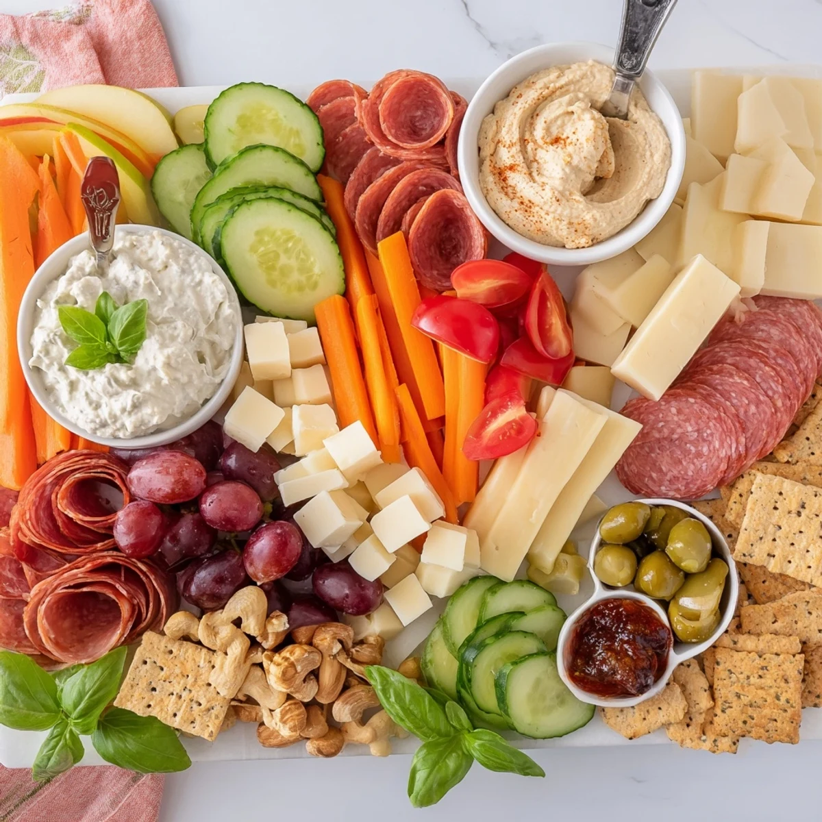 Colorful charcuterie-style girl dinner platter loaded with snacks, cheeses, and fresh vegetables.  