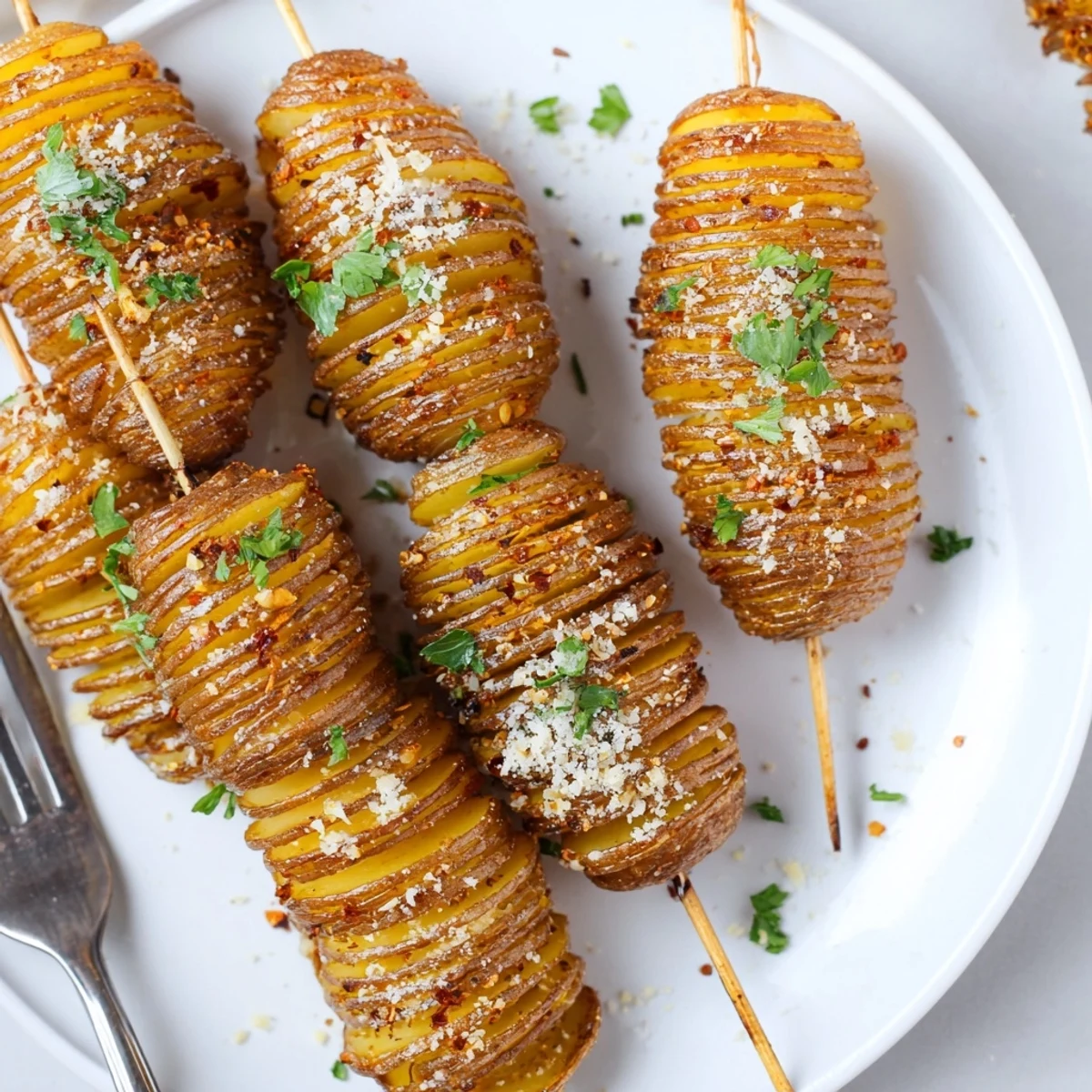 Crispy air-fryer tornado potatoes skewer topped with garlic and paprika seasoning.  