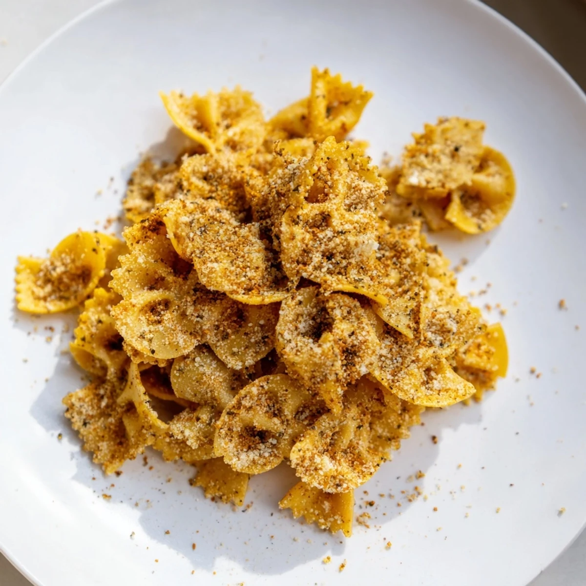 Savory Pasta Chips Seasoned Variety, golden brown and crunchy, perfect with marinara.  