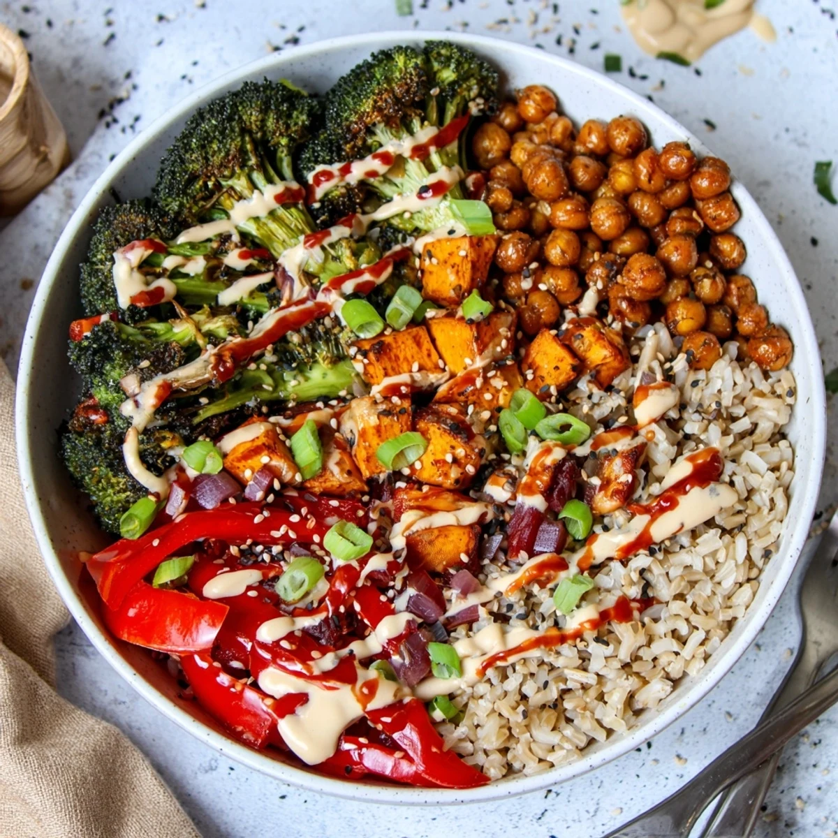 Delicious Bold Sauce Drizzle Bowls featuring miso-butter and gochujang sauces drizzled.  