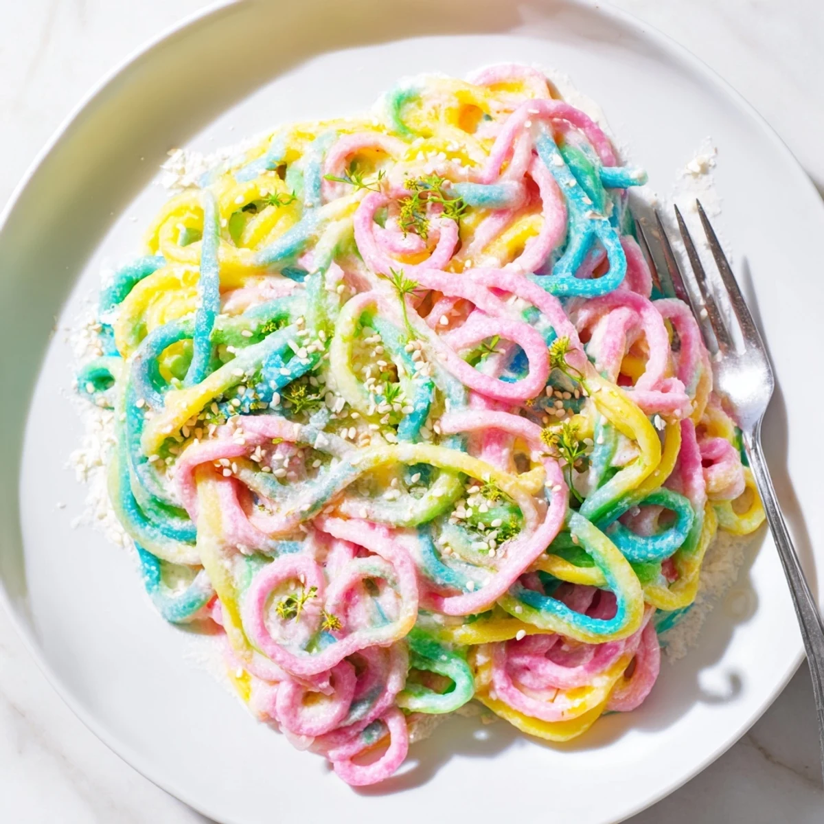 Vibrant Neon Noodle Cloud dish topped with colorful edible flowers and sesame seeds.  