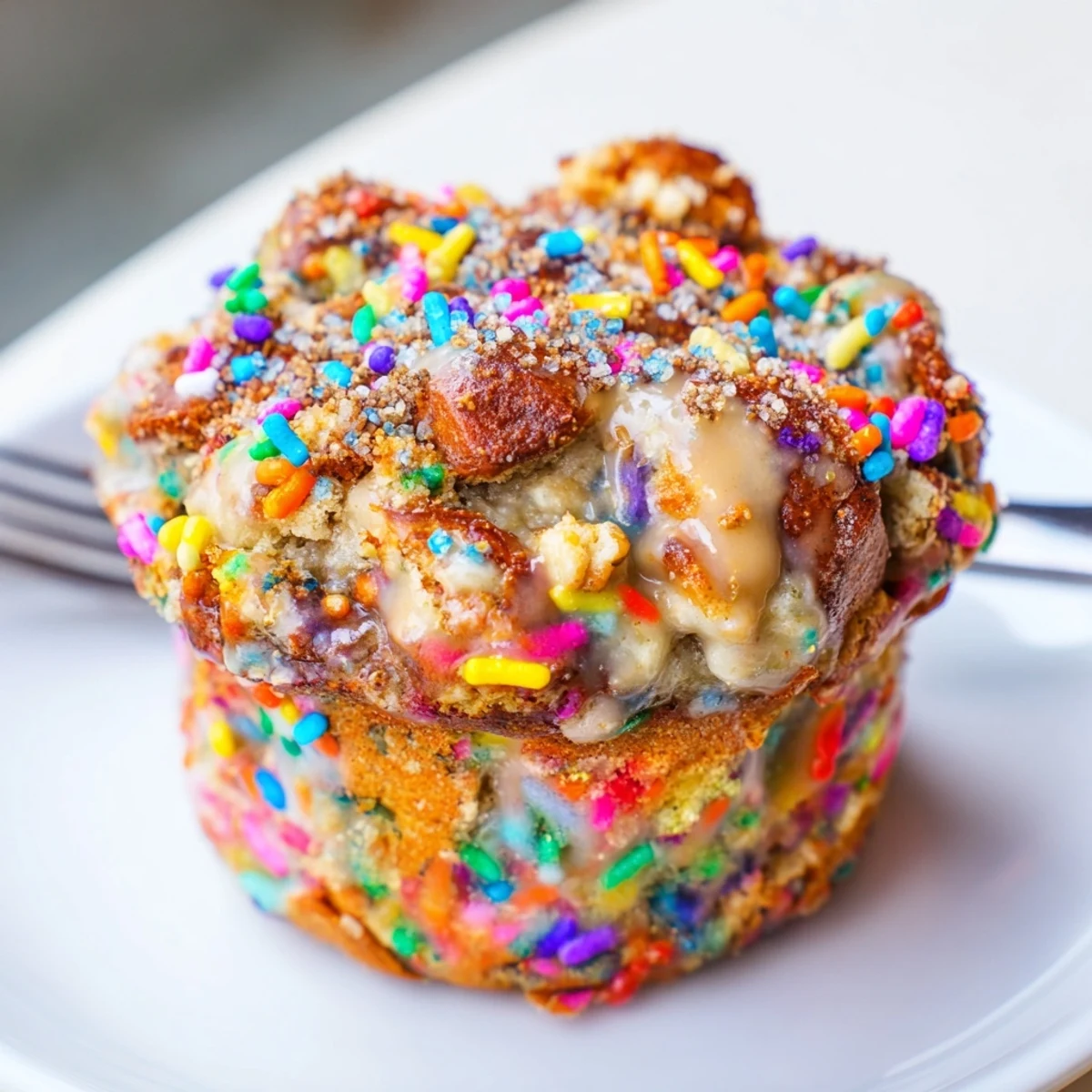 Colorful Funfetti soda pretzel monkey muffins topped with sweet sprinkles and cinnamon glaze.  