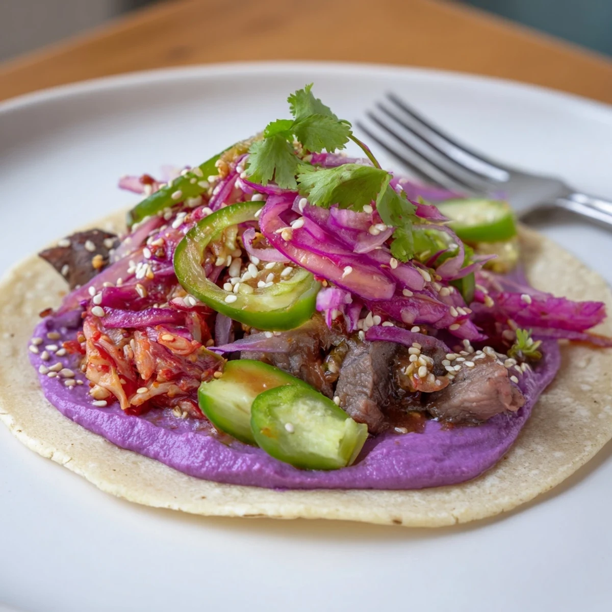 Vibrant Global Street-Food Fusion Tacos with ube crema and fresh toppings ready to serve.  