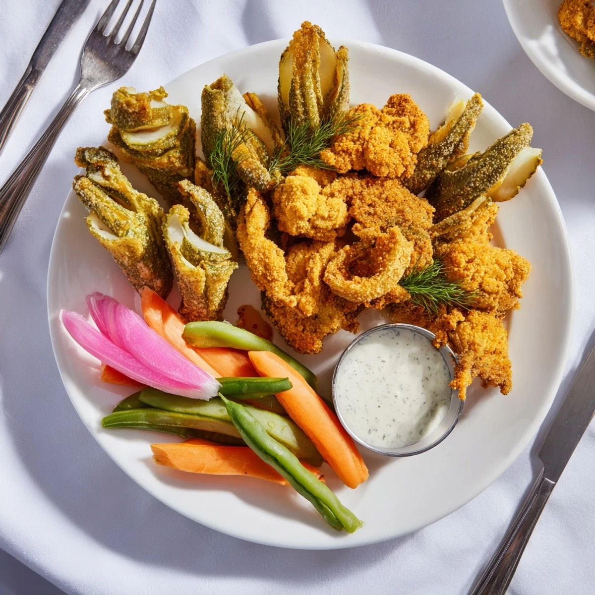 Crispy fried pickles and colorful pickled vegetables create a delightful Pickle Lovers Meal.  