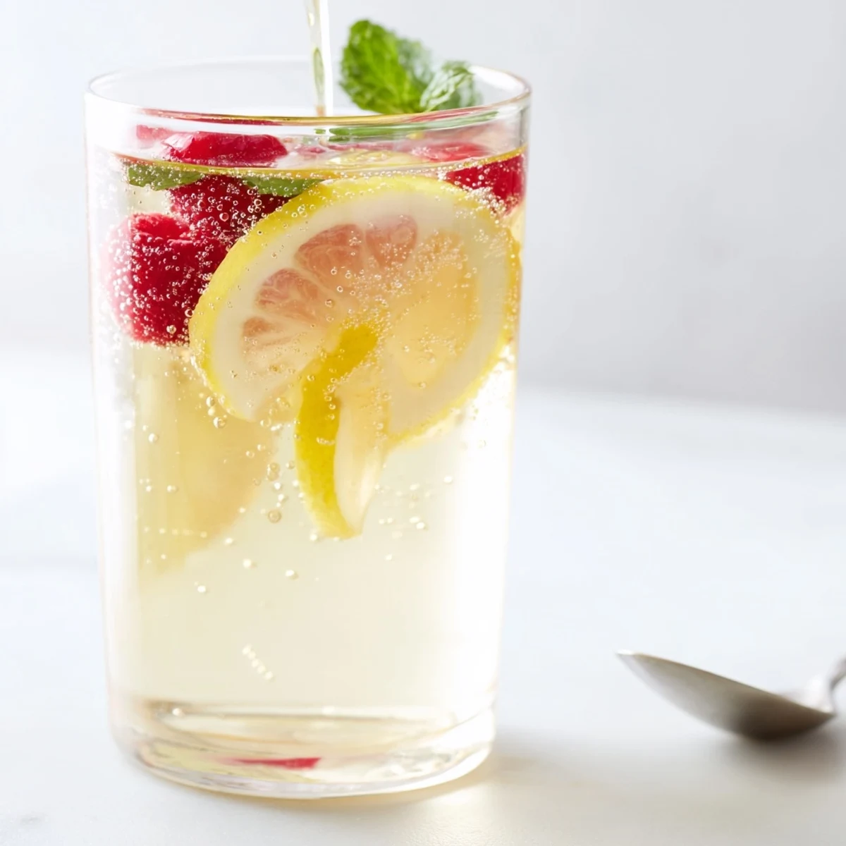 Colorful fermented drinks in glass bottles, featuring lime slices and fresh ginger accents.  