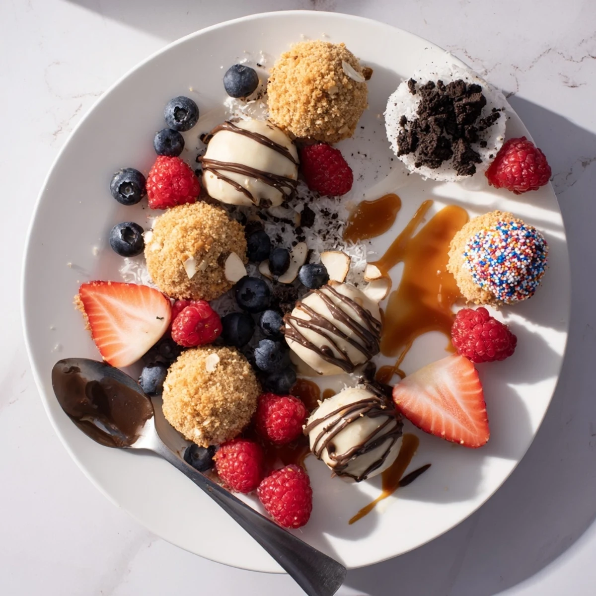 Decadent deconstructed dessert board featuring creamy cheesecake bites with vibrant toppings.  