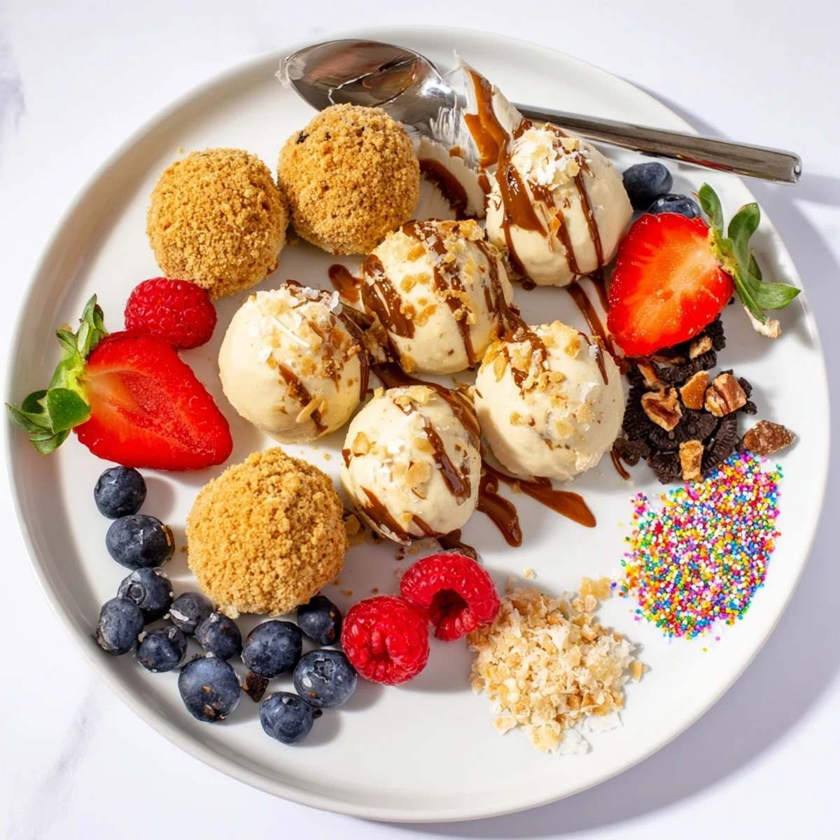 Indulgent cheesecake bites adorned with fresh berries and drizzled chocolate sauce.  