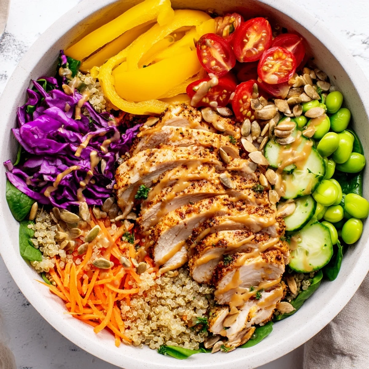 Deliciously layered healthy meal-prep bowls topped with zesty dressing and seeds.