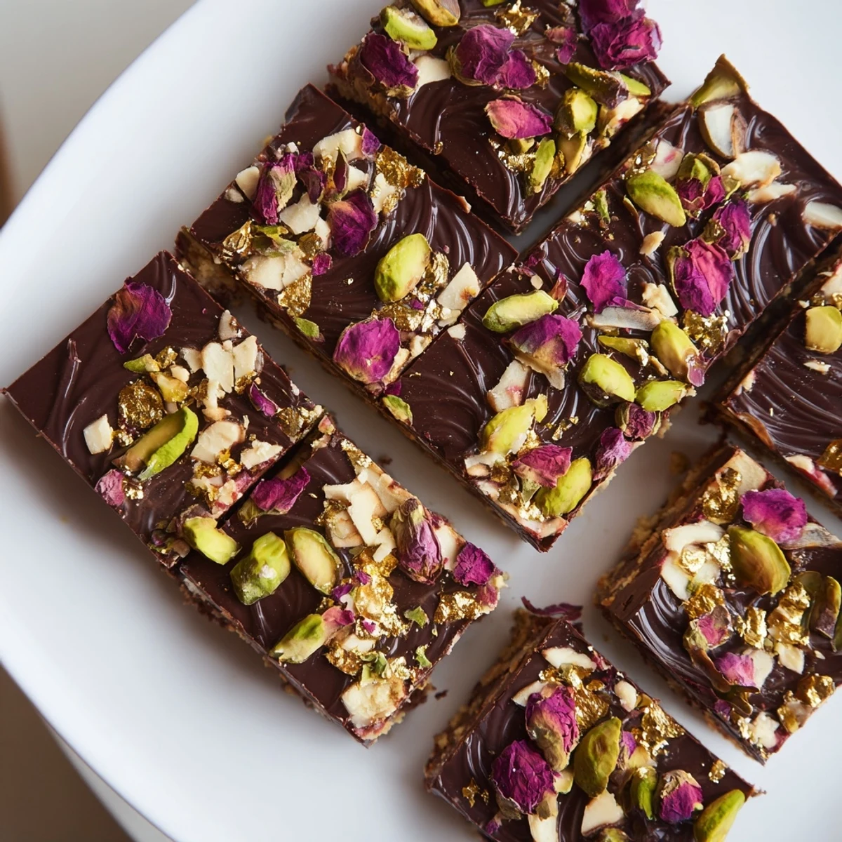Rich chocolate base topped with spiced date caramel and colorful rose petals.  