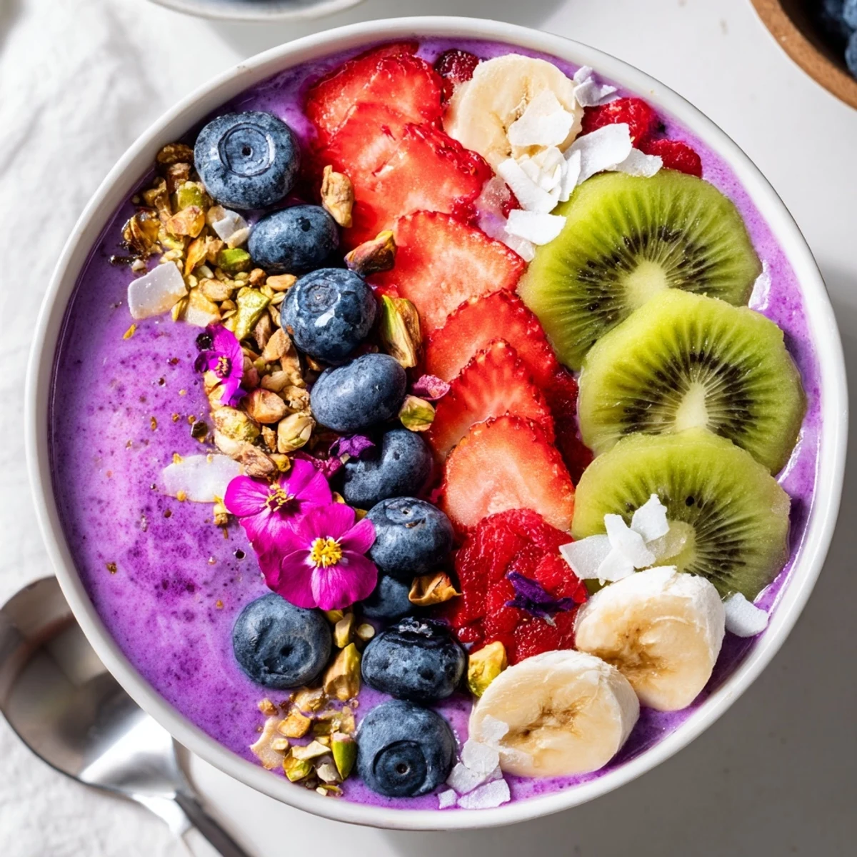 Vibrant Smoothie Bowls with Unexpected Twists topped with fresh berries and crunchy pistachios.  