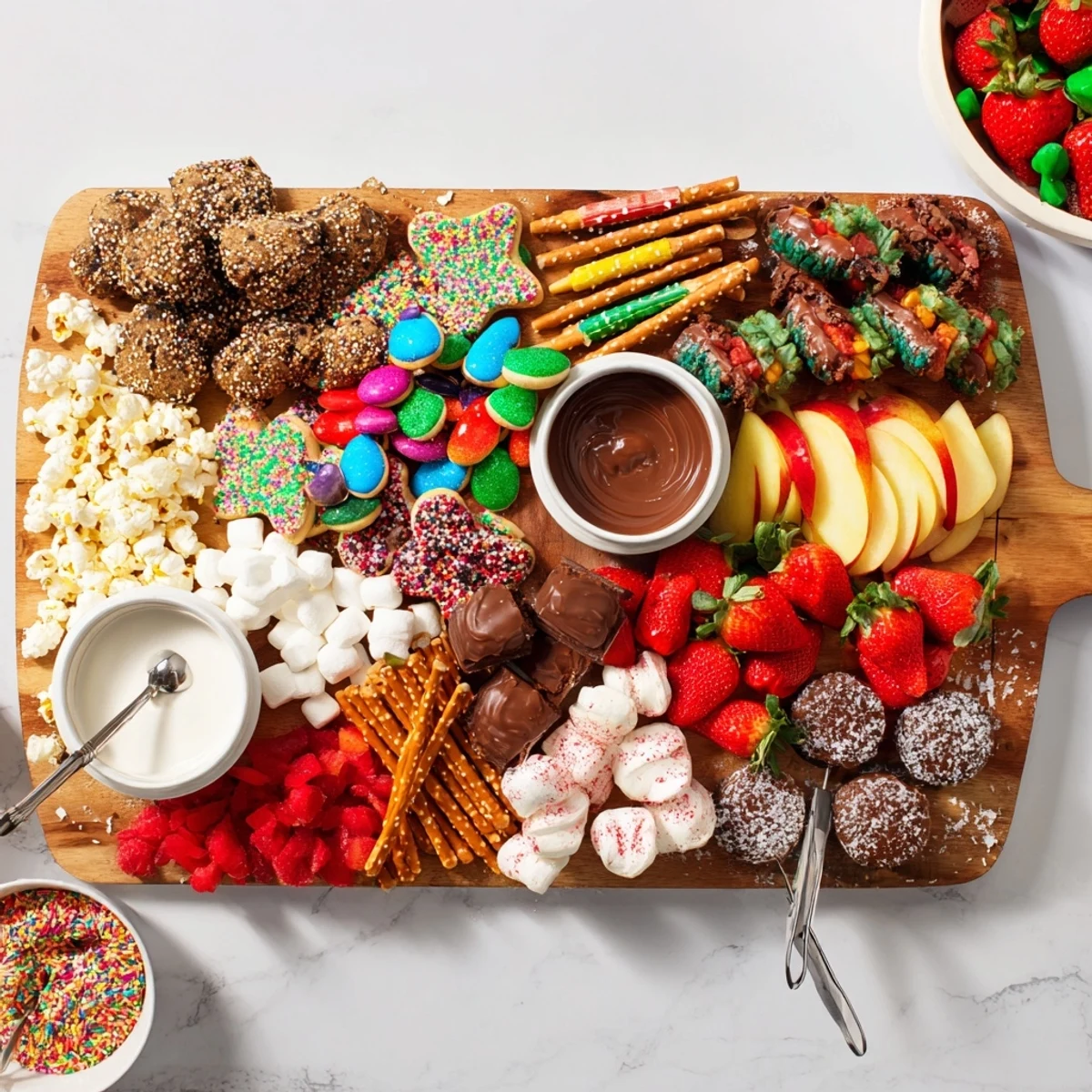 Indulge in a vibrant dessert board filled with cookies, fruits, and chocolates.