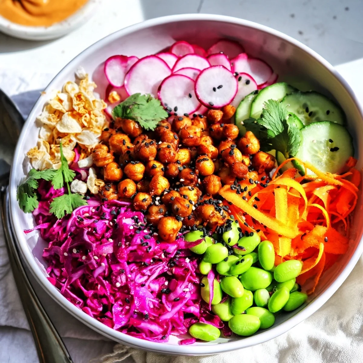 Colorful ASMR Crunch Snack Bowls filled with fresh veggies and crunchy toppings.  