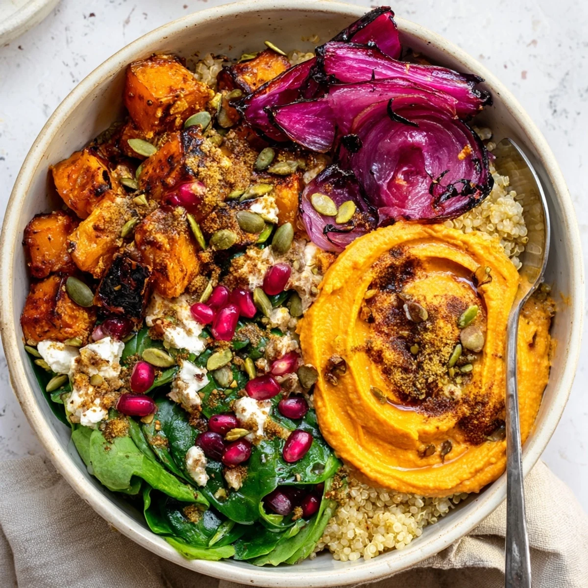 A colorful spiced winter bowl with roasted vegetables, coconut purée, and toppings.  