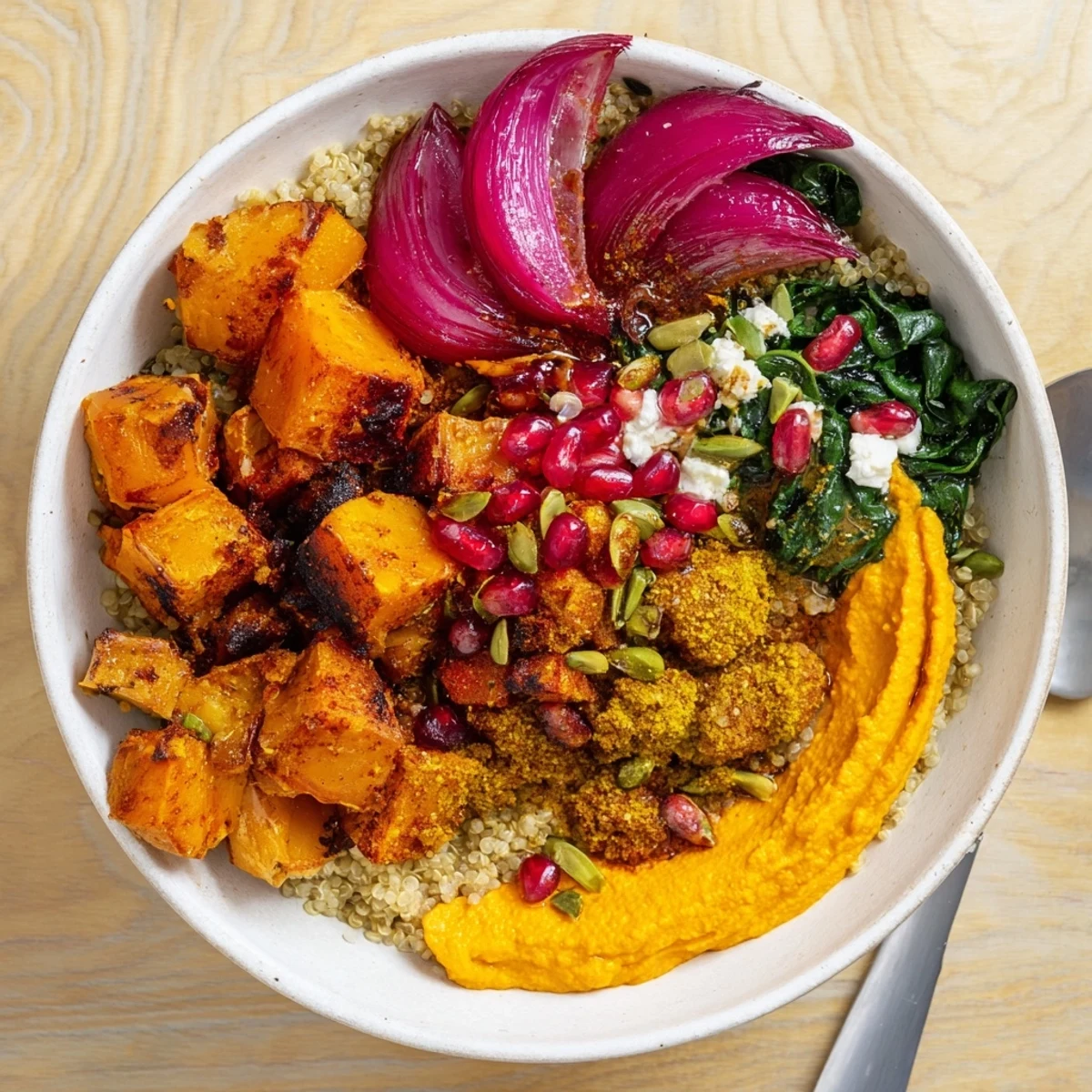 Delicious roasted winter vegetables atop quinoa, drizzled with ube-coconut purée.