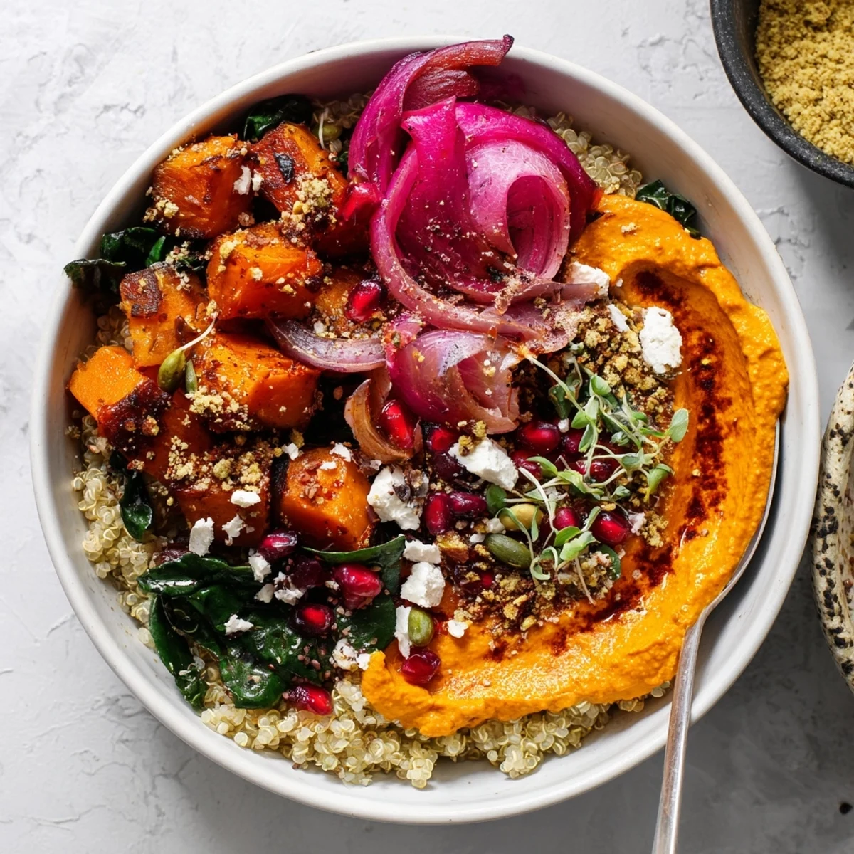 Cozy spiced winter bowls featuring crunchy pistachio crumble and vibrant flavors.  