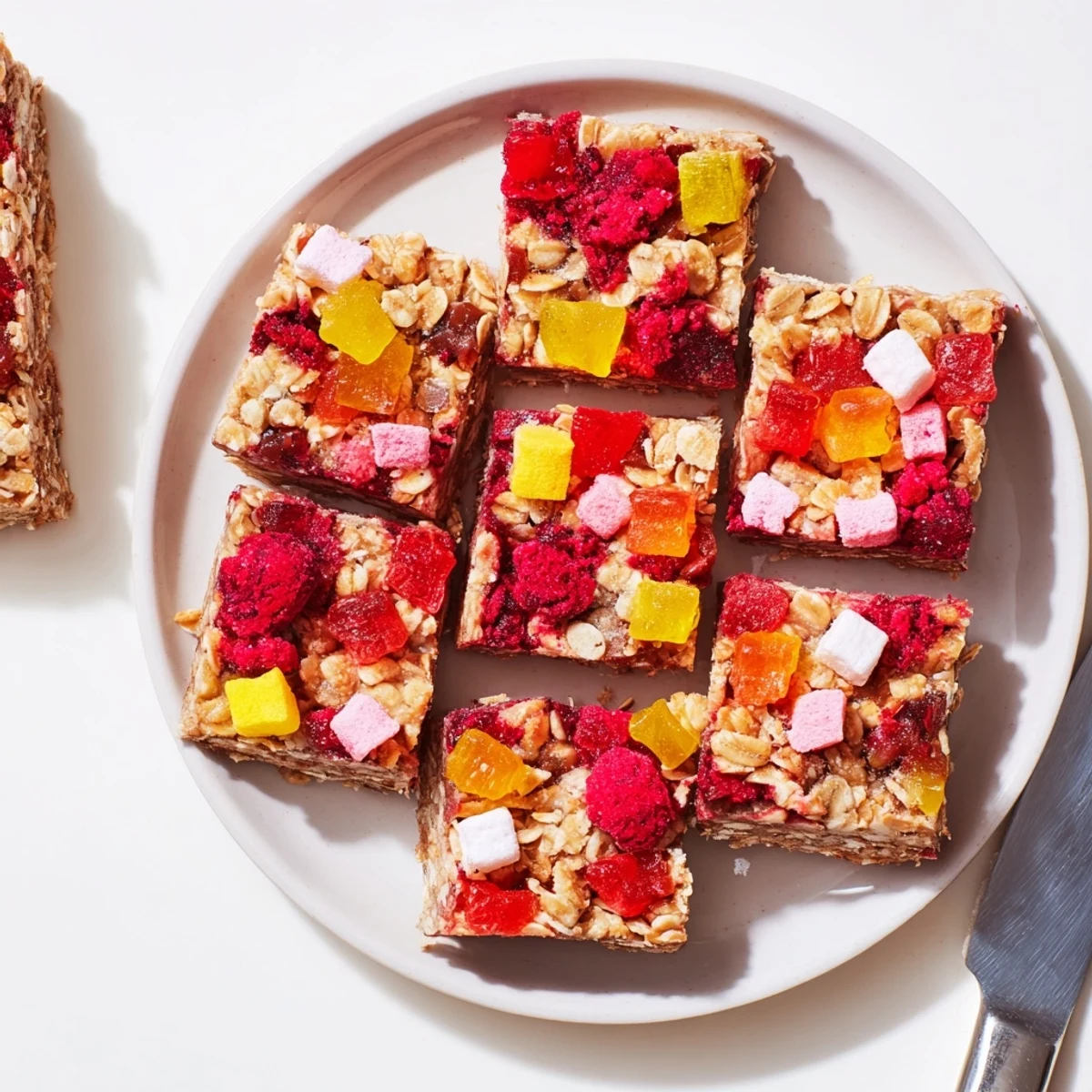 Colorful DIY snack bars topped with chewy homemade gummies and crispy candies.  