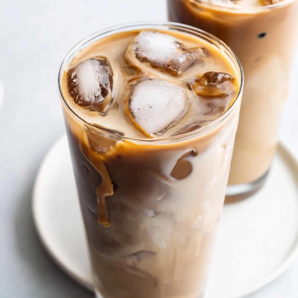 Creamy Tahini Iced Coffee with plant-based milk and sweet maple syrup served over ice.  
