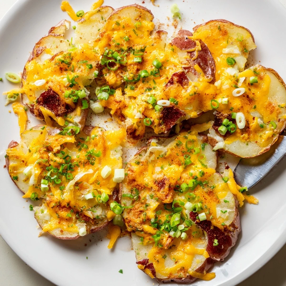 Savory smashed green onion potato bombs, garnished with cheese and ready to enjoy.