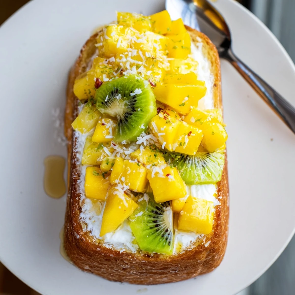 Creamy Yogurt-Custard Toast topped with tropical fruits for a delightful breakfast.  