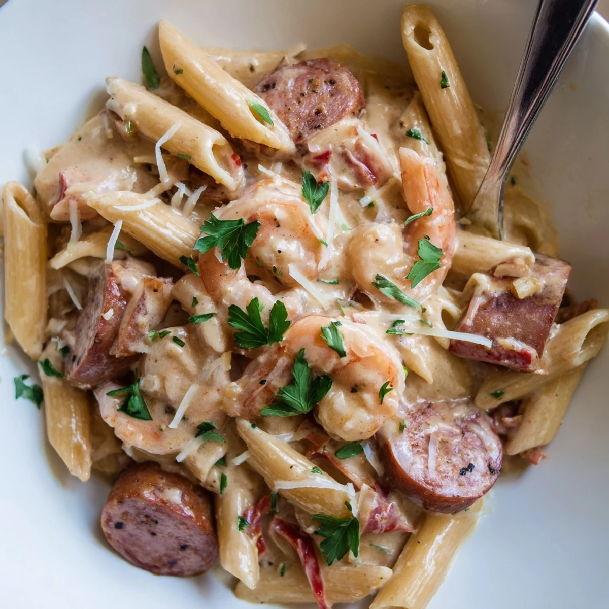 Creamy Cajun Sausage & Shrimp Alfredo Pasta skillet topped with fresh parsley and spices.  