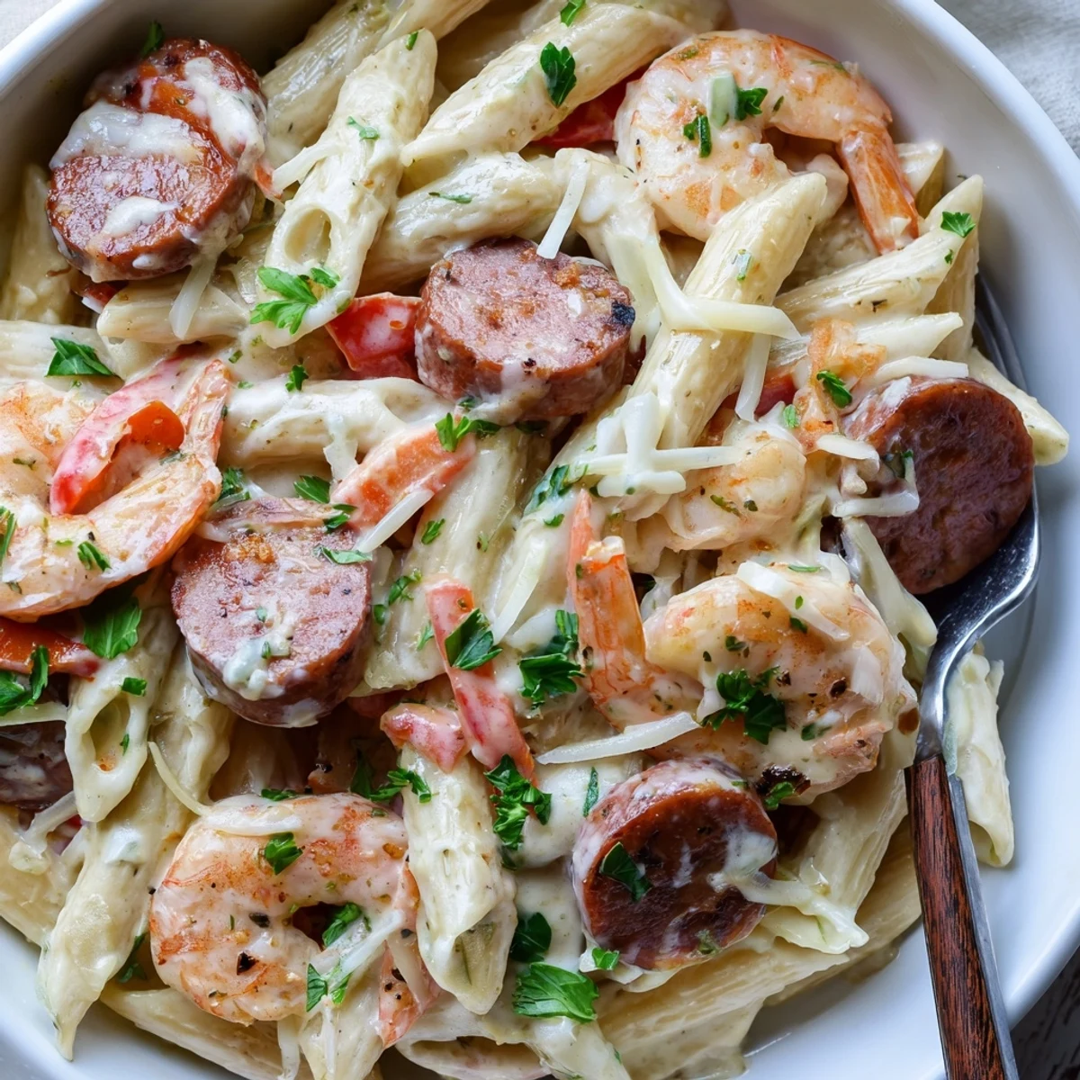 Savory Cajun Sausage & Shrimp Alfredo Pasta, perfect for a comforting weeknight meal.