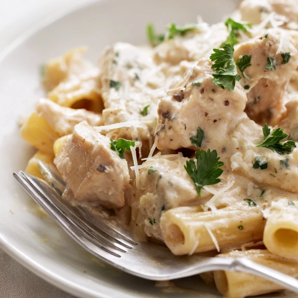 Delicious Creamy Garlic Parmesan Chicken Rigatoni, perfect for cozy weeknight dinners.