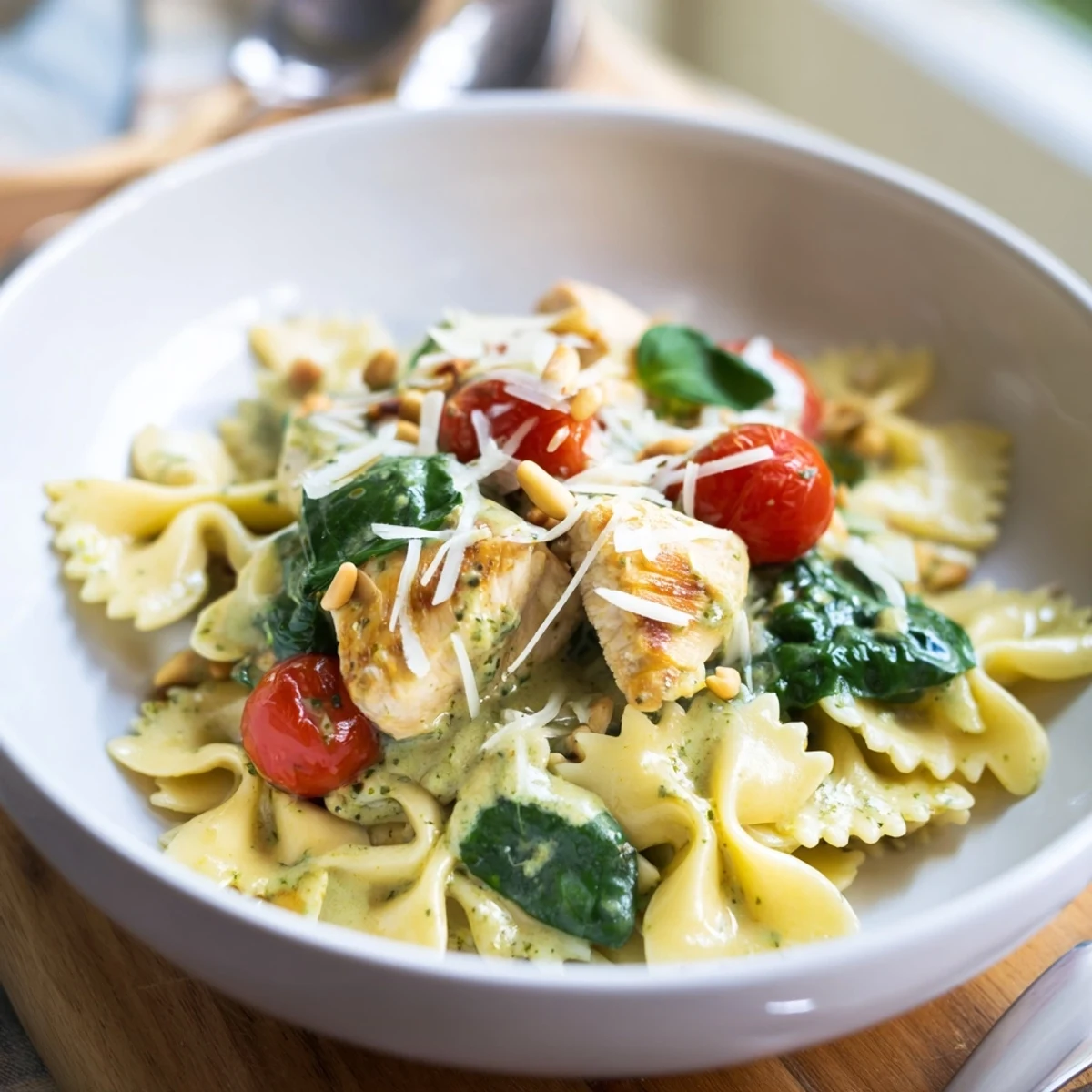Creamy pesto chicken bowtie pasta, bursting with vibrant flavors and textures.  