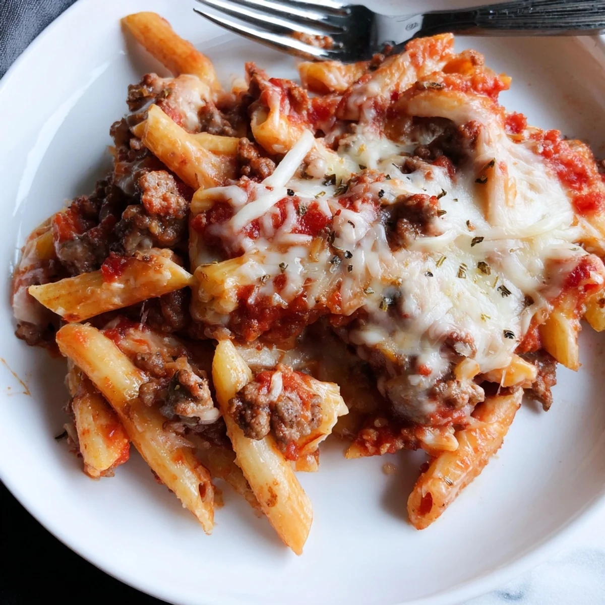 Golden Cheesy Beef & Penne Bake, bubbling with melted cheese and flavor, perfect comfort food.  