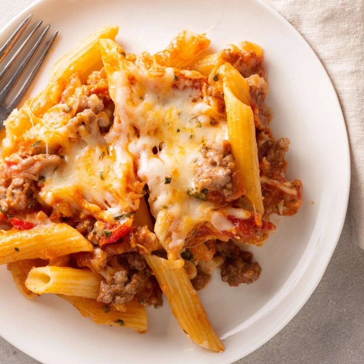 A hearty Cheesy Beef & Penne Bake drizzled with rich tomato sauce and creamy mozzarella.  