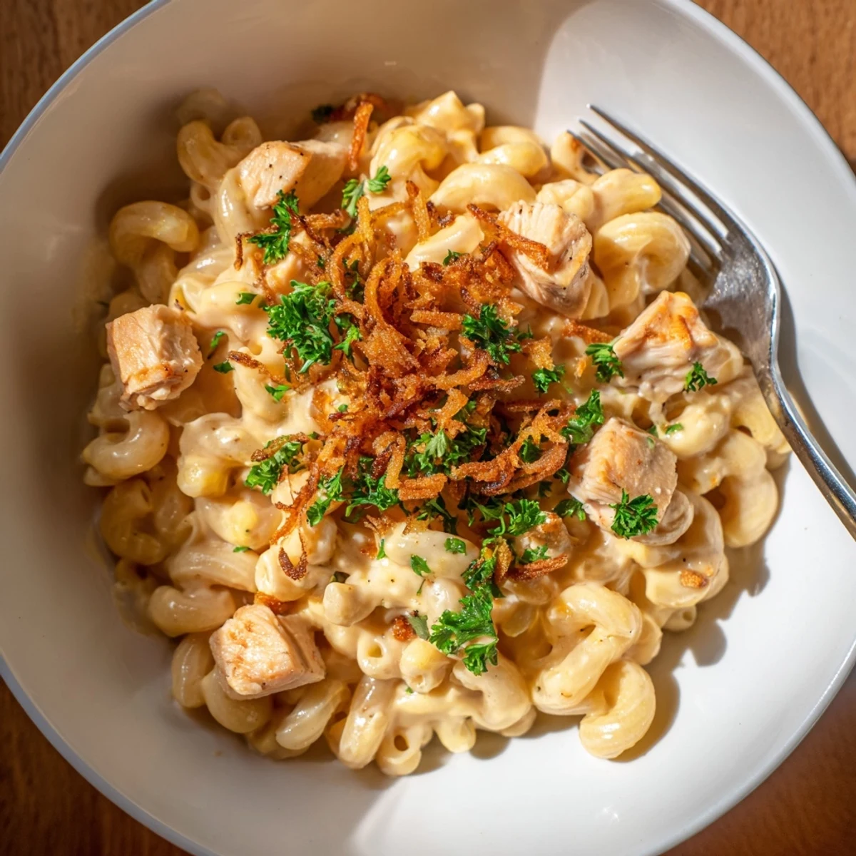 Delicious One-Pot Honey BBQ Chicken Mac and Cheese topped with crispy onions, perfect for dinner.