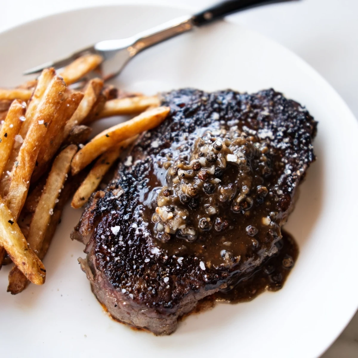 Juicy classic peppercorn ribeye topped with creamy sauce and crispy fries on a plate.  