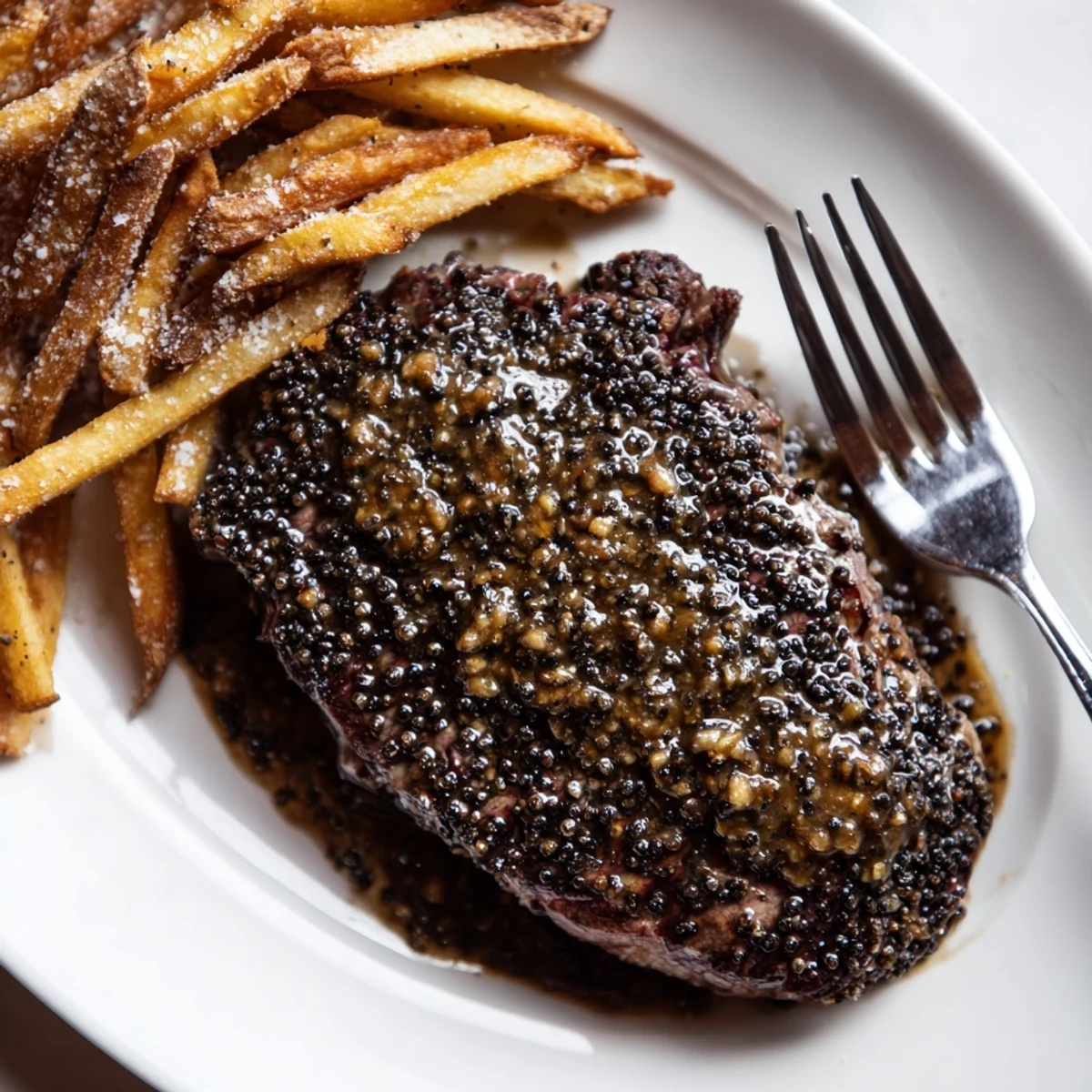 Sizzling classic peppercorn ribeye steak garnished with fresh thyme beside golden crispy fries.  