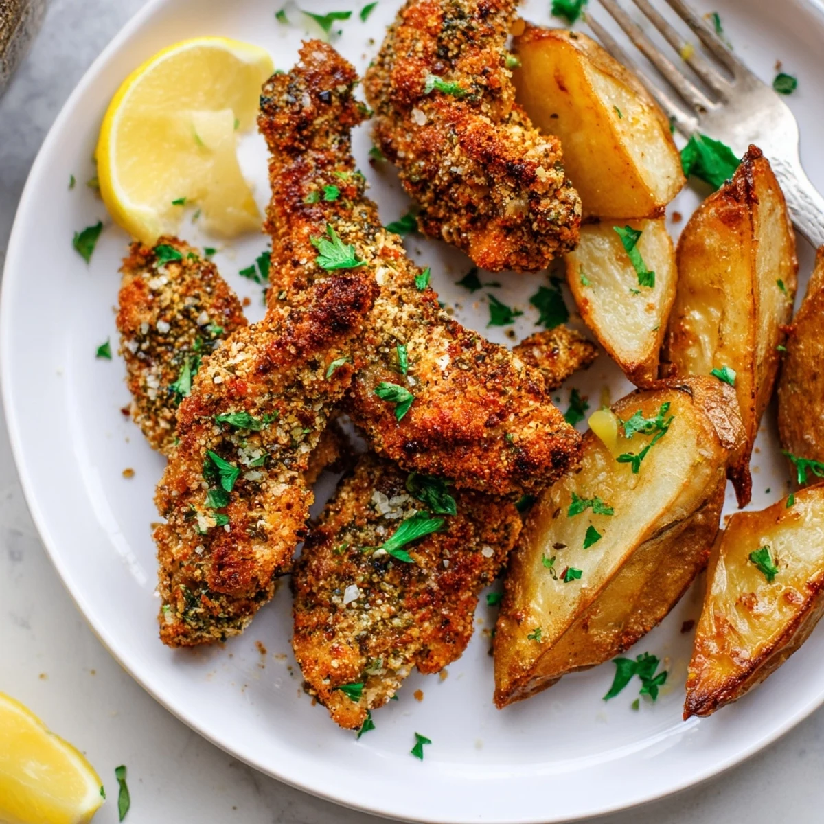 Deliciously seasoned chicken tenders and golden potato wedges garnished with parsley.  