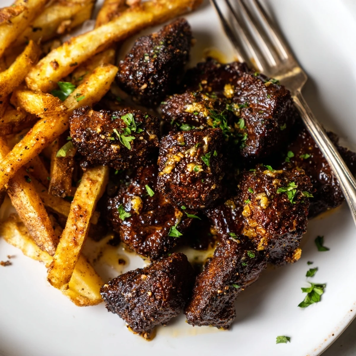Juicy blackened Cajun steak bites sizzling in a skillet, served with crispy fries.  