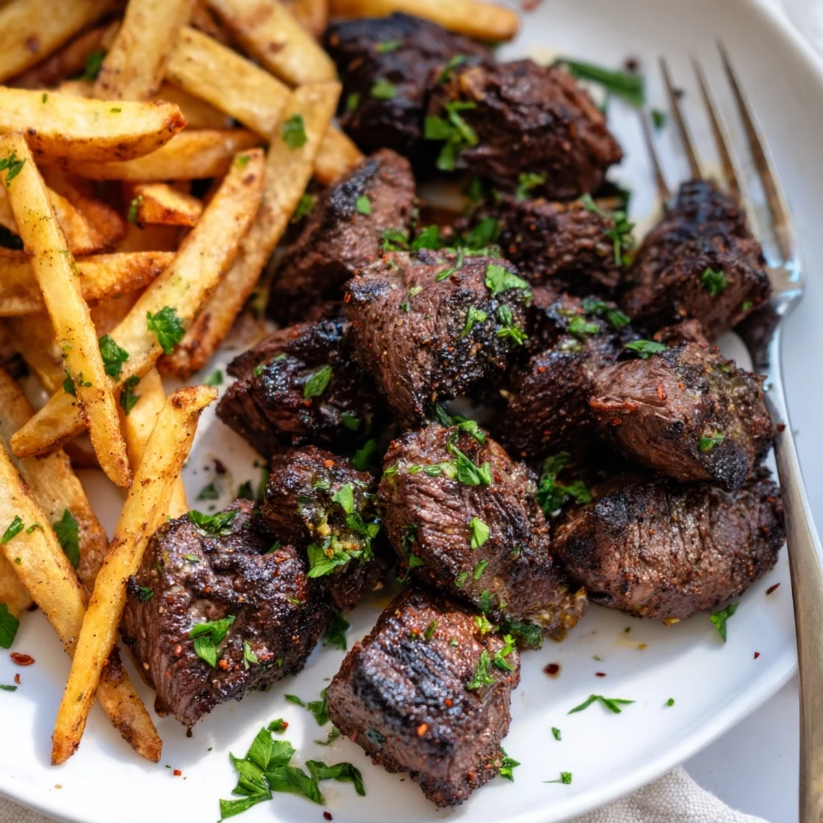 Spicy blackened Cajun steak bites fresh off the skillet, paired with crunchy fries.