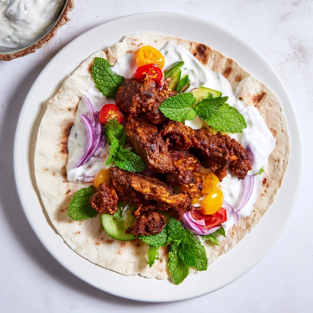 Juicy Beef Shawarma Wraps with vibrant veggies and cooling yogurt sauce, ready to eat.