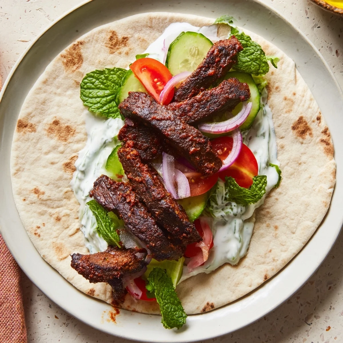 Close-up of freshly made Beef Shawarma Wraps showcasing tender beef and delicious toppings.