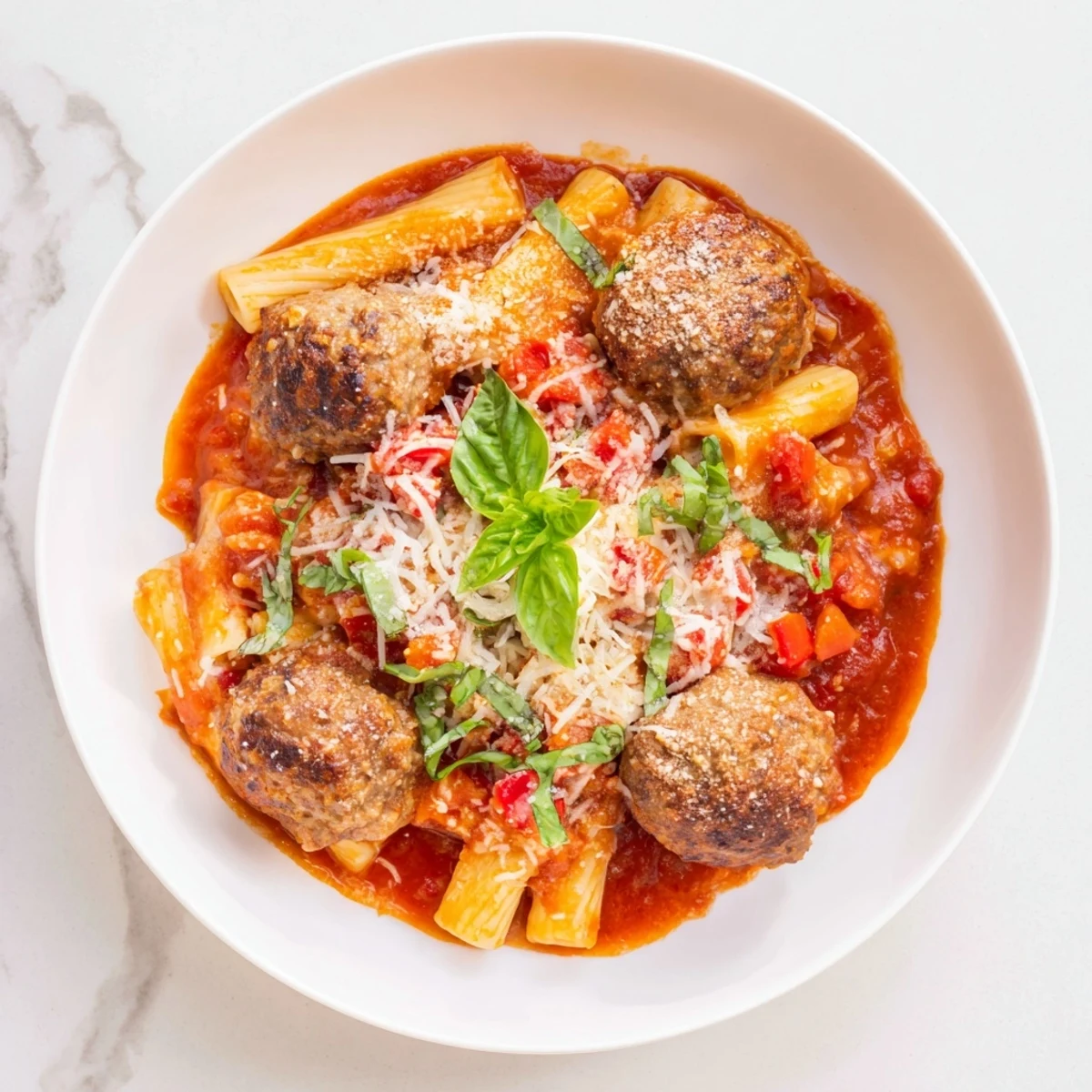 Savory Italian Meatball Pasta: A close-up shows tender meatballs nestled in pasta with melted mozzarella.