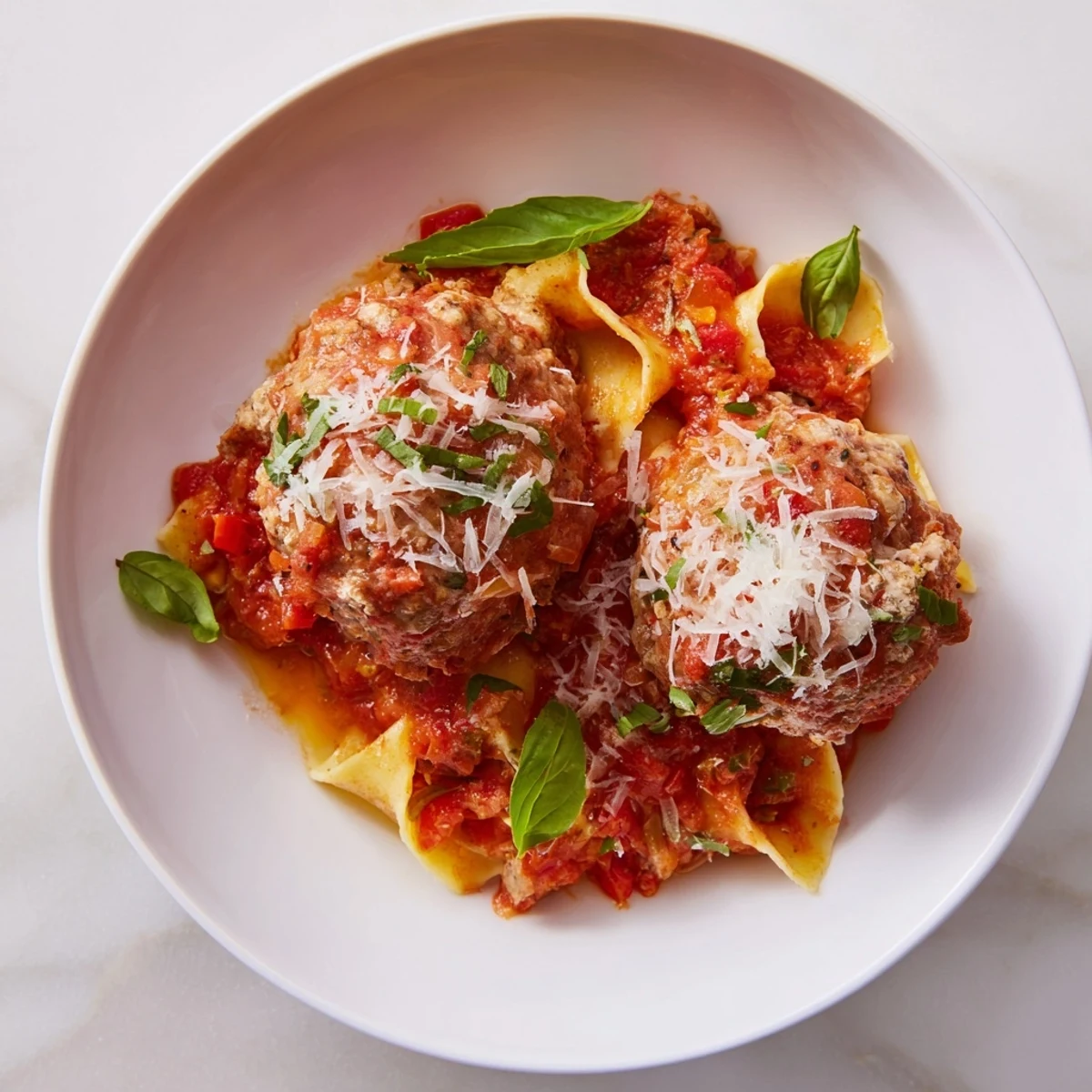 A steaming skillet of Italian Meatball Pasta features bubbly cheese atop the rich tomato sauce.