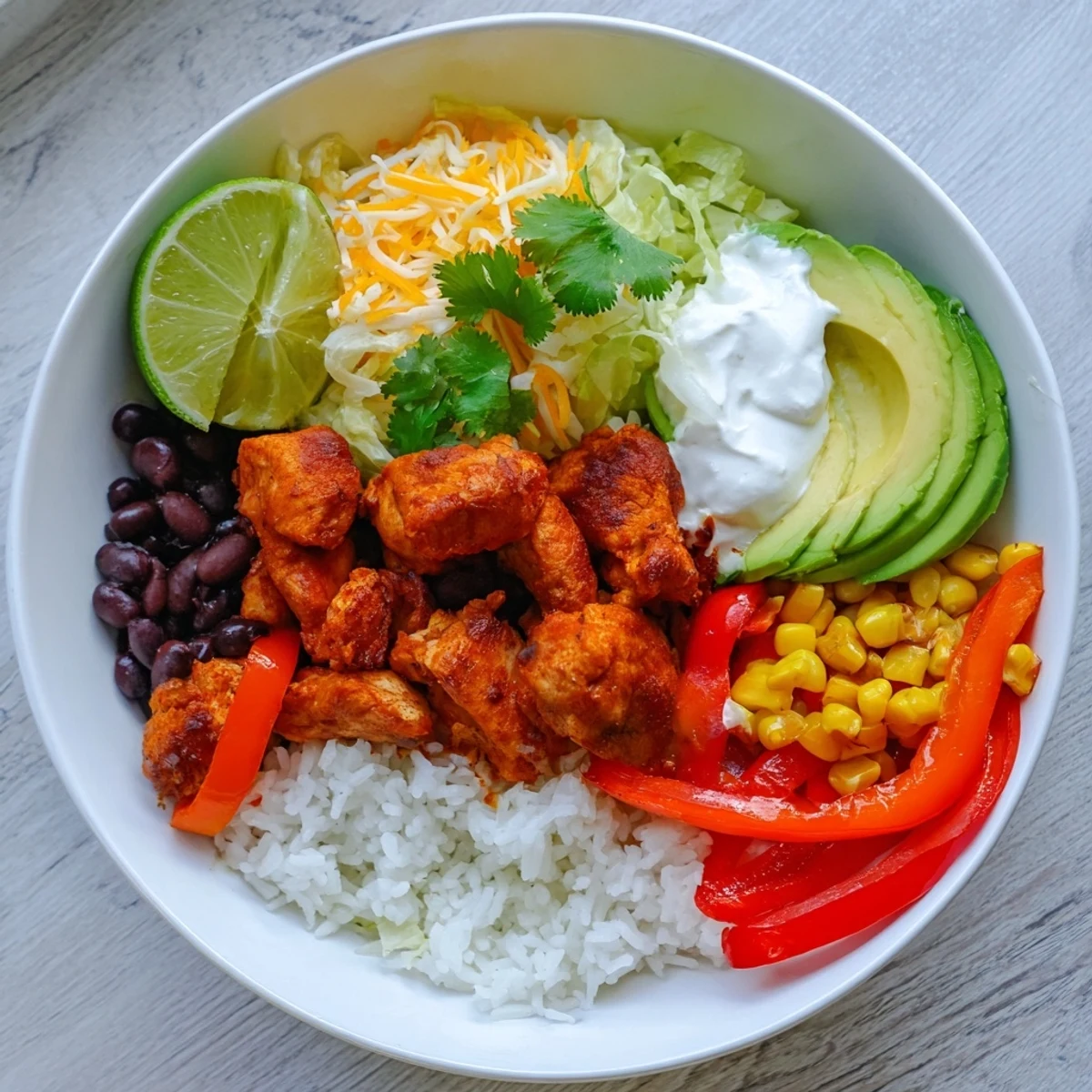 Sheet Pan Chicken Burrito Bowls offer a colorful array of roasted vegetables and seasoned chicken.