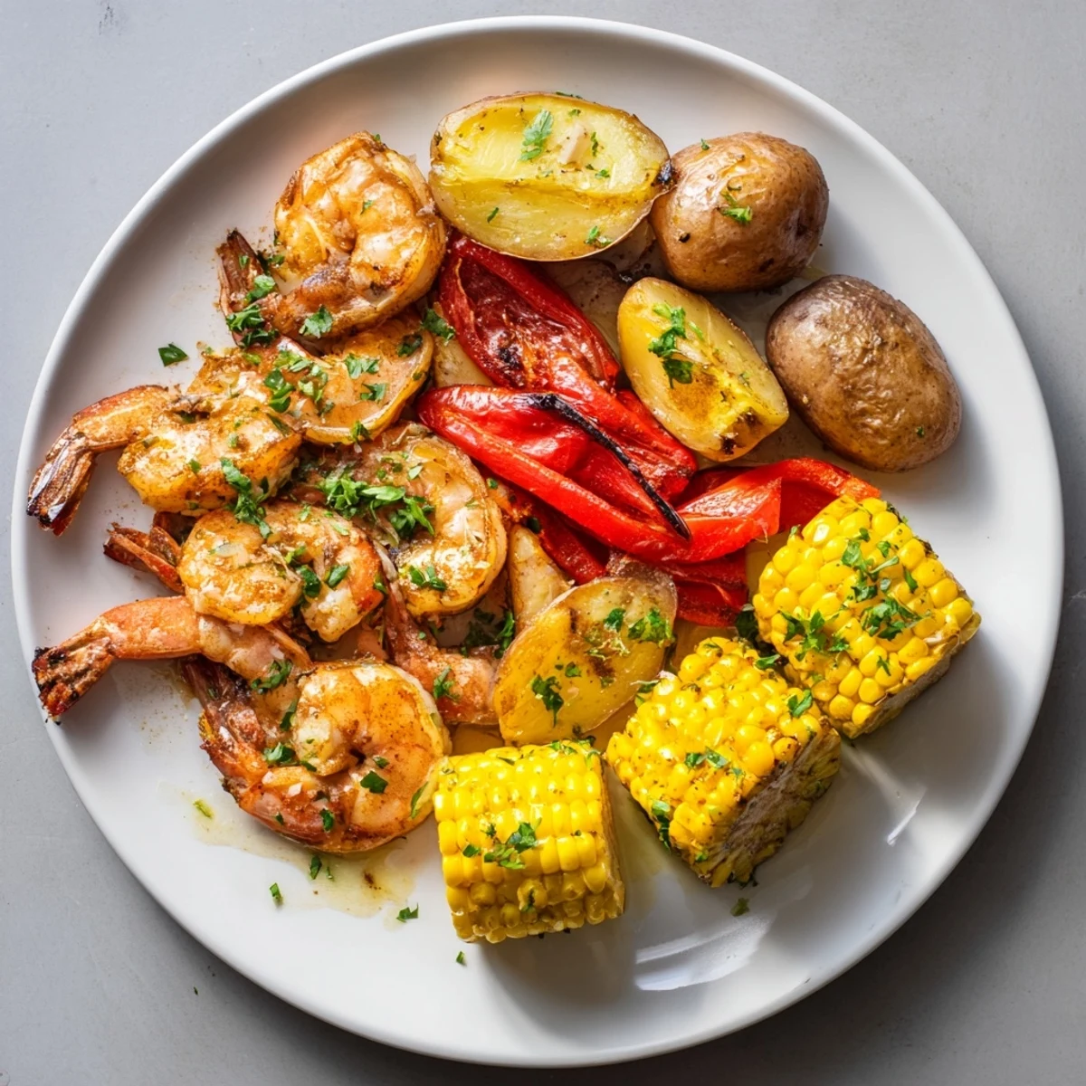 This delicious Cajun Shrimp & Sweet Corn Platter is presented, boasting perfectly cooked shrimp in a flavorful sauce.