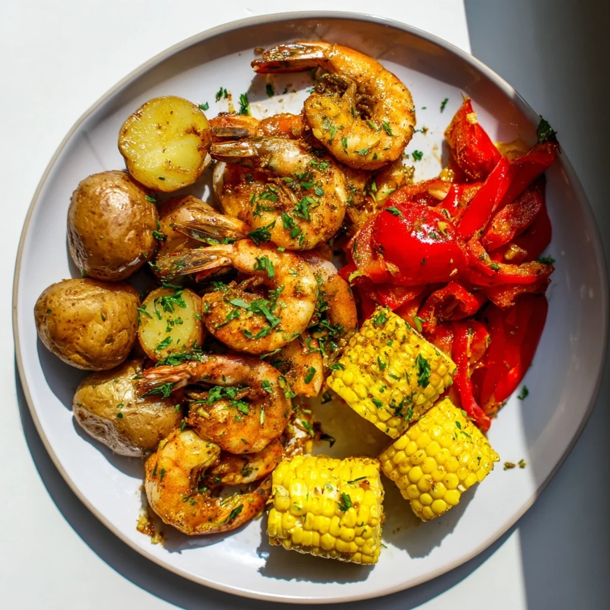 Steaming hot Cajun Shrimp & Sweet Corn Platter, featuring seasoned shrimp, corn, and potatoes; a vibrant feast.