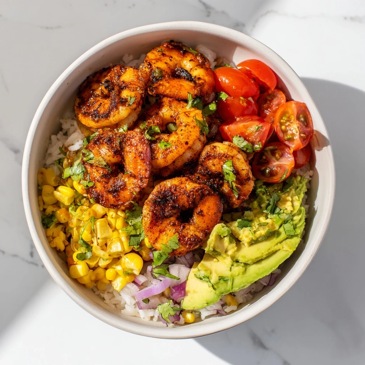 Vibrant image of a Blackened Shrimp Bowl, combining spicy shrimp with cool salsa, perfect for a gluten-free dinner.