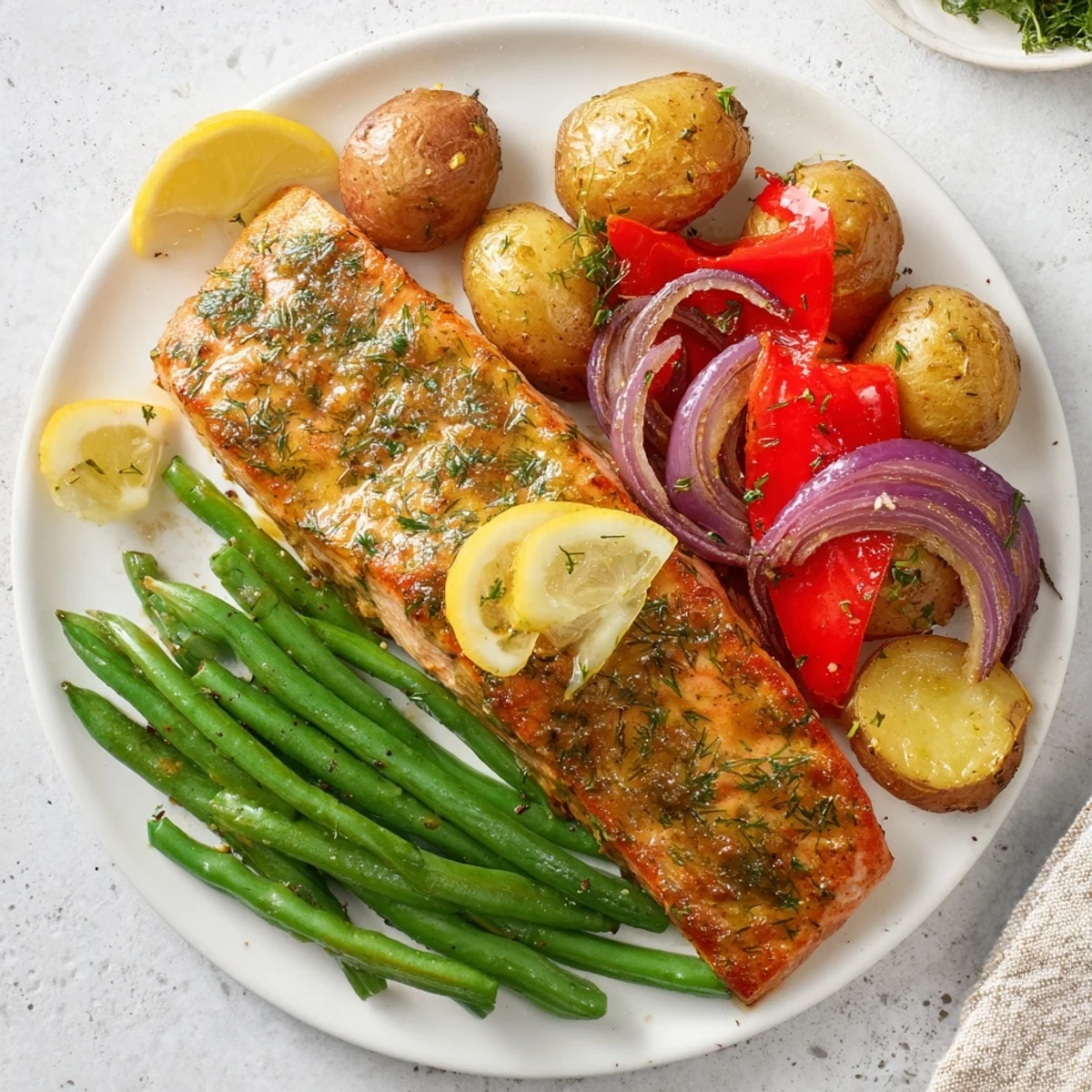 Golden brown Lemon Herb Salmon & Potato Sheet Pan with roasted potatoes and flaky salmon, ready to eat.