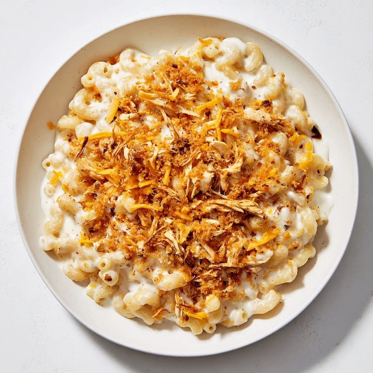 Classic mac & cheese with BBQ chicken: a bubbly, golden casserole with visible smoky chicken pieces.