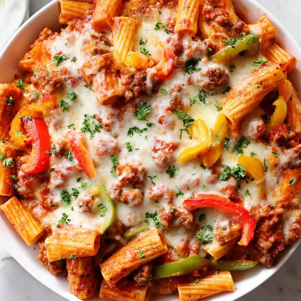Baked Rigatoni with Sausage & Peppers, bubbling hot, covered with melted mozzarella and cheesy goodness.