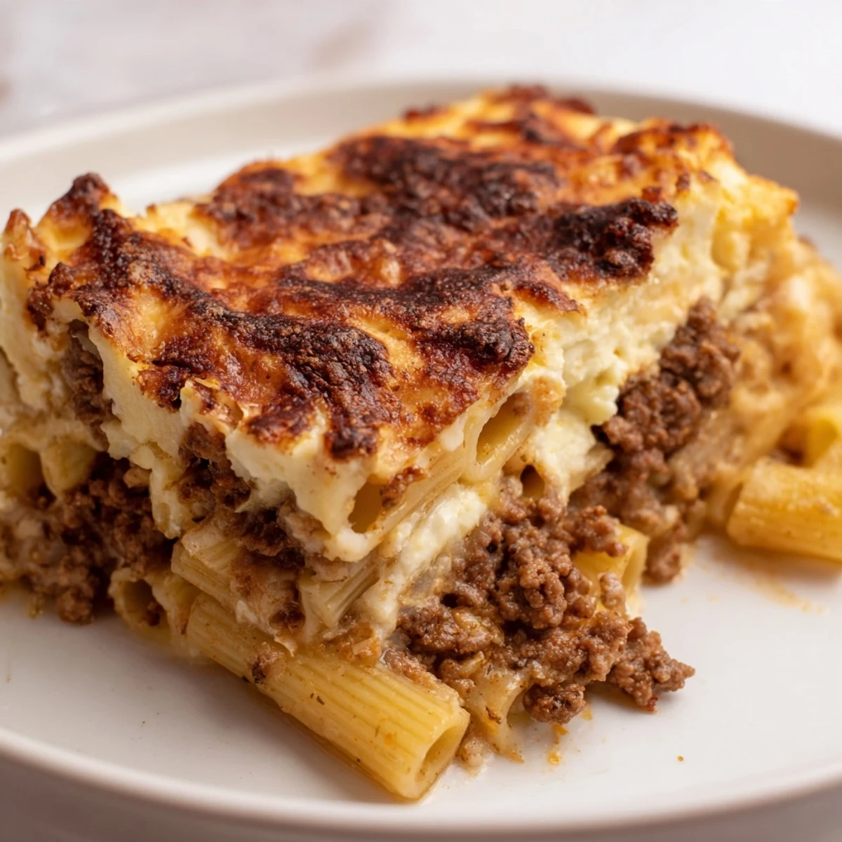 A close-up of piping-hot Pastitsio, showcasing its layers of pasta, beef, and a rich, creamy topping.