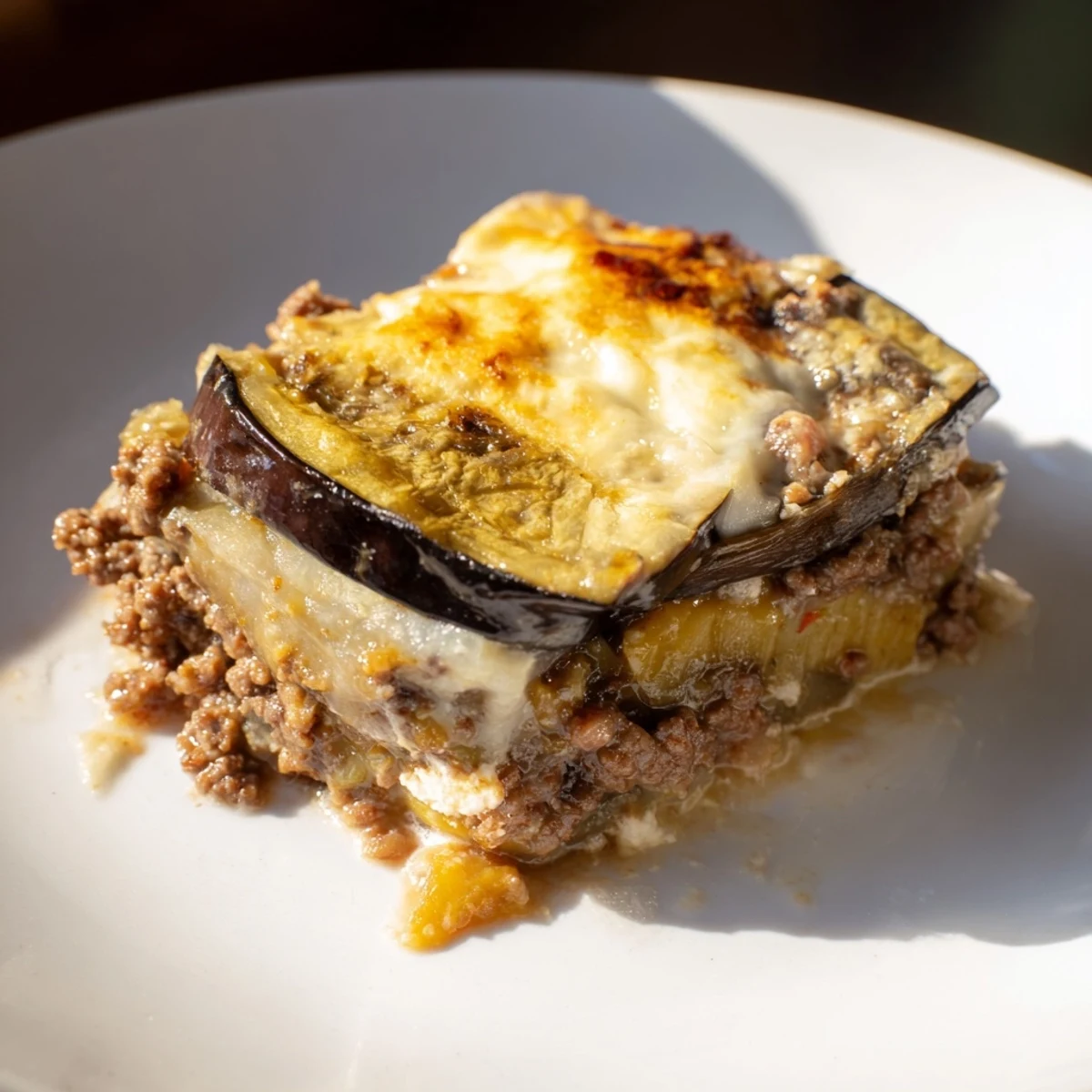 Golden, bubbly moussaka, layers of eggplant and beef topped with a creamy white béchamel.