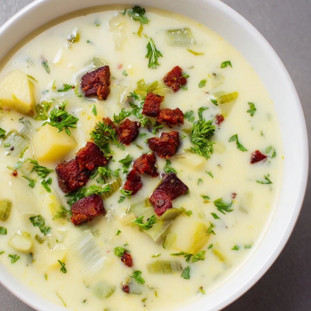 A vibrant photo of Potato, Leek & Chorizo Soup bubbling, ready to be served with crusty bread.