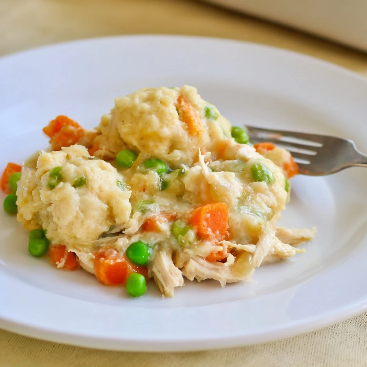 Golden, bubbly Chicken and Dumplings Casserole, a comforting one-dish meal with fluffy dumplings.